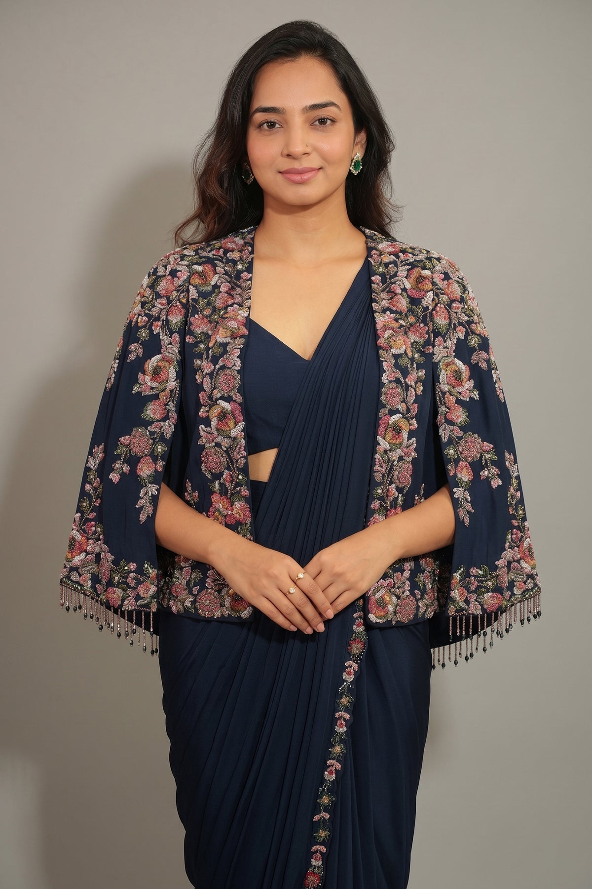 Navy Blue Crepe Silk Readymade Saree with Sequin Beaded Cape Jacket