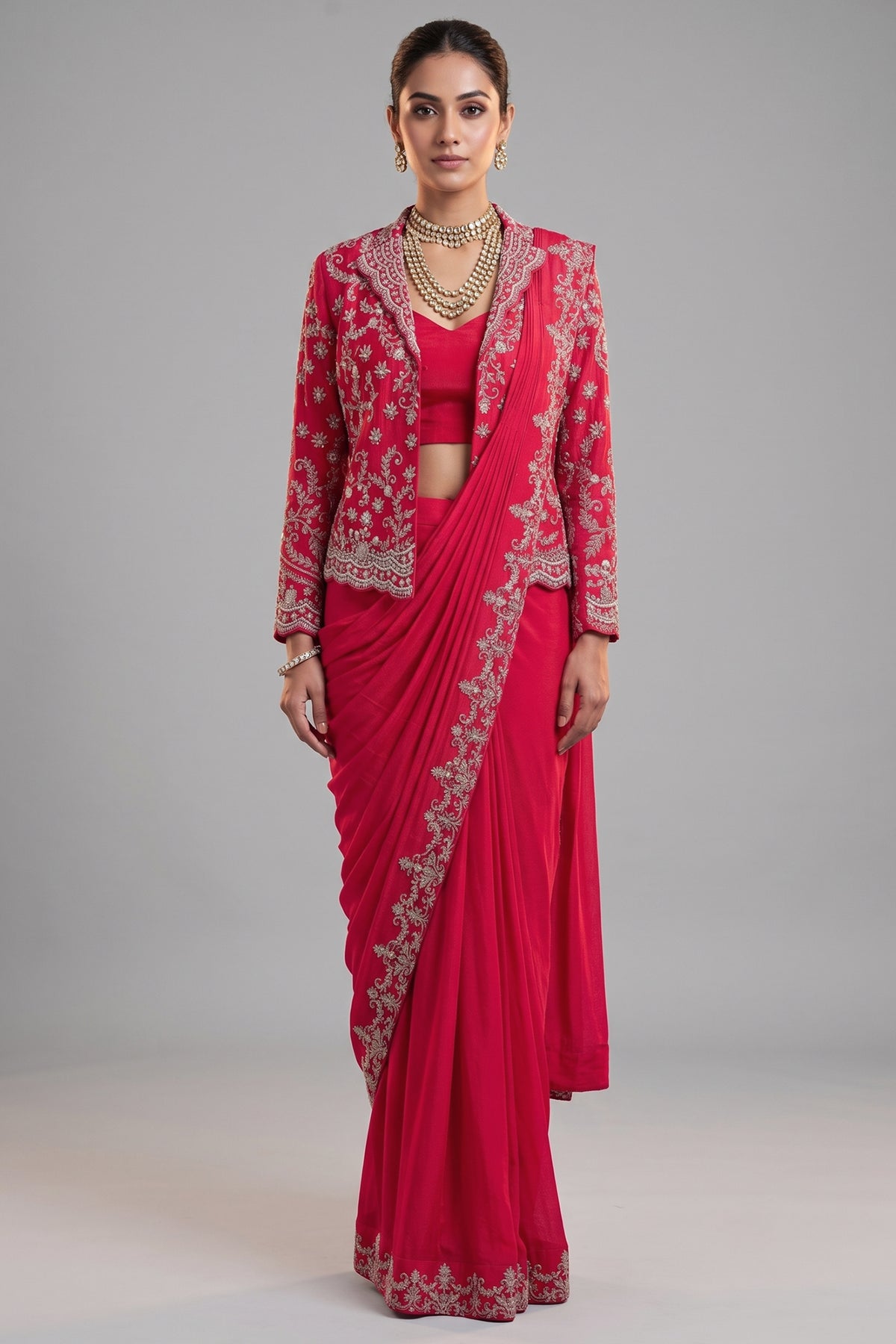 Pink Chiffon Chinon Zardosi and Cutdana Worked Readymade Saree with Jacket