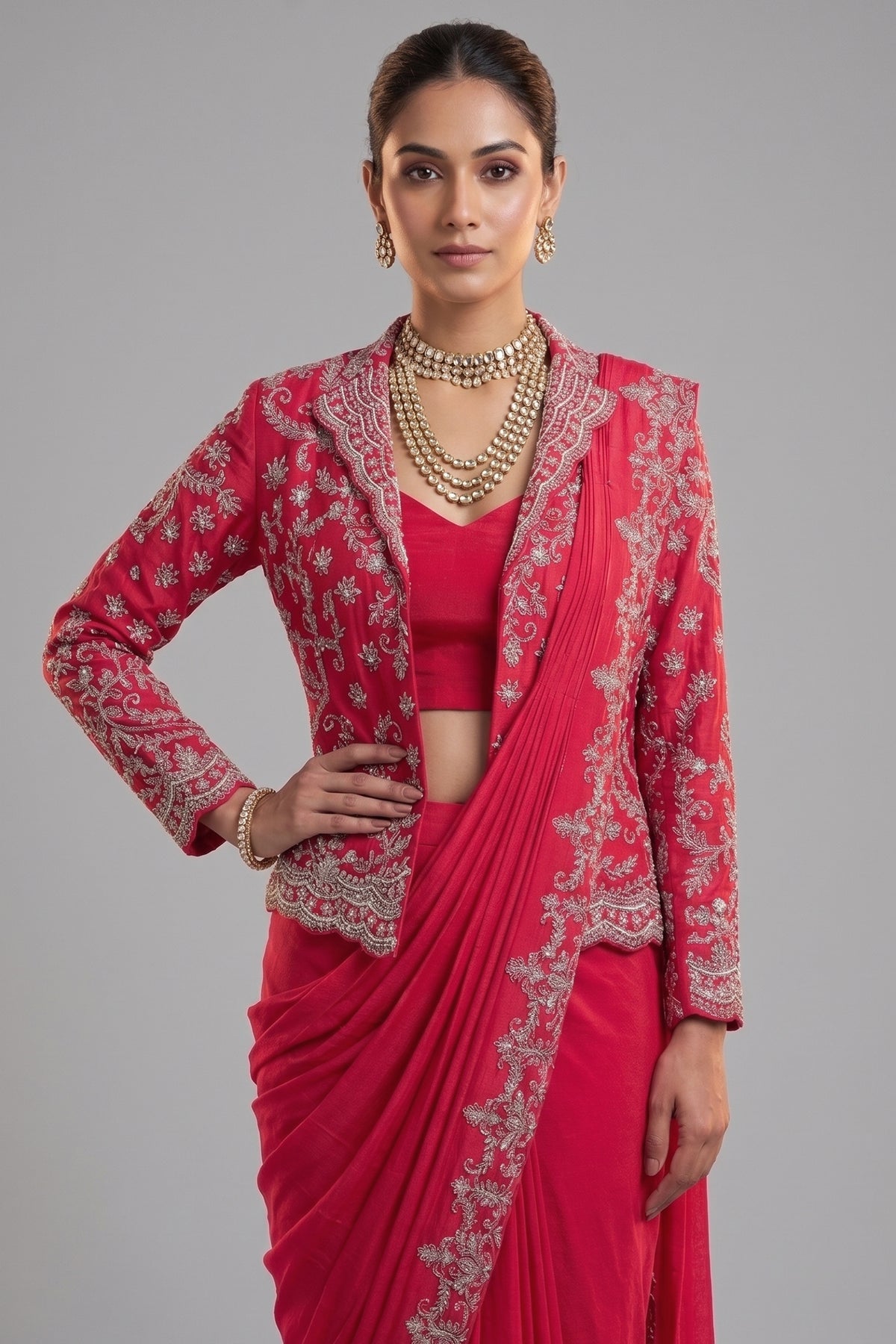 Pink Chiffon Chinon Zardosi and Cutdana Worked Readymade Saree with Jacket