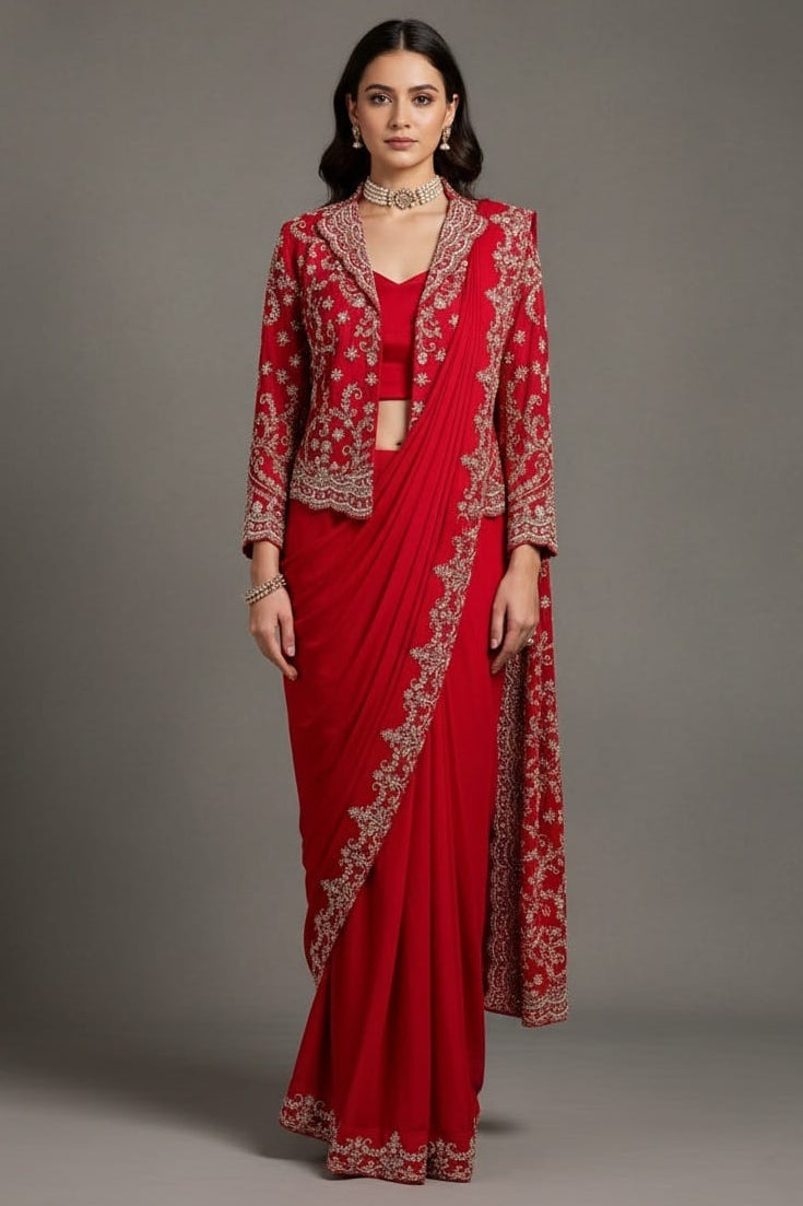 Red Chiffon Chinon Zardosi and Cutdana Worked Readymade Saree with Jacket