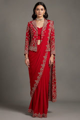 Red Chiffon Chinon Zardosi and Cutdana Worked Readymade Saree with Jacket