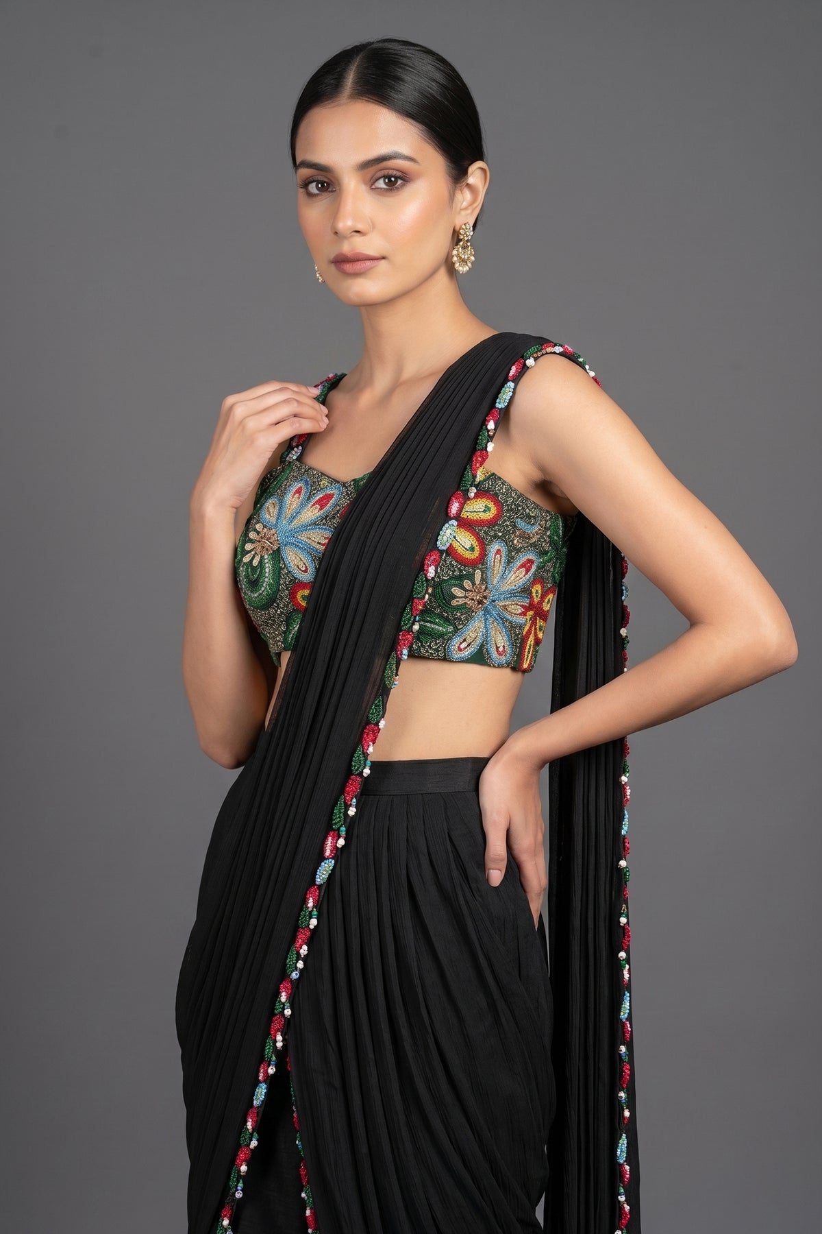 Black Lycra Net Beaded and Cutdana Worked Readymade Saree