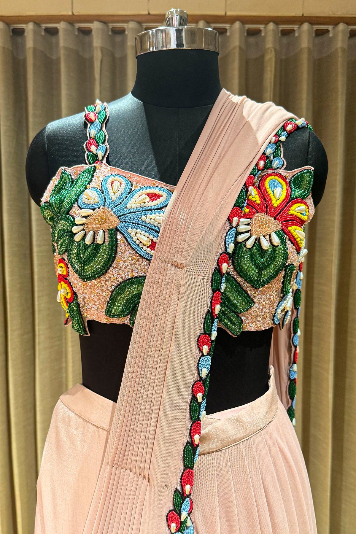 Light Peach Shiny Silk Sharara Style Readymade Saree with Cutdana and Beaded Work