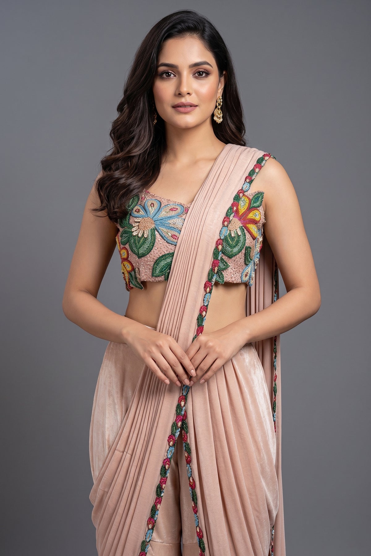 Light Peach Shiny Silk Sharara Style Readymade Saree with Cutdana and Beaded Work