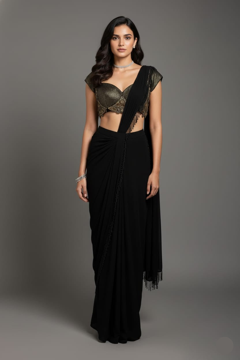 Black Georgette Readymade Saree with Statement Embellished Blouse