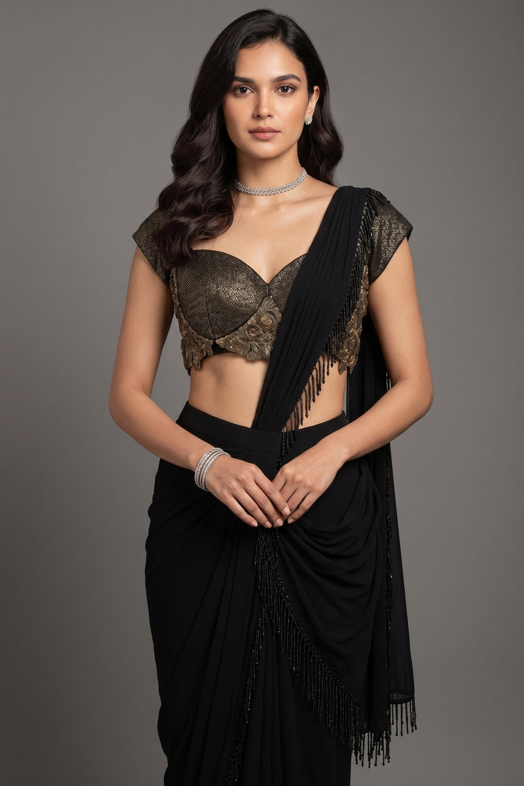 Black Georgette Readymade Saree with Statement Embellished Blouse