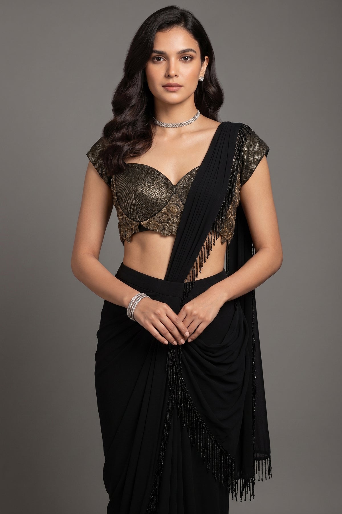 Black Georgette Readymade Saree with Statement Embellished Blouse