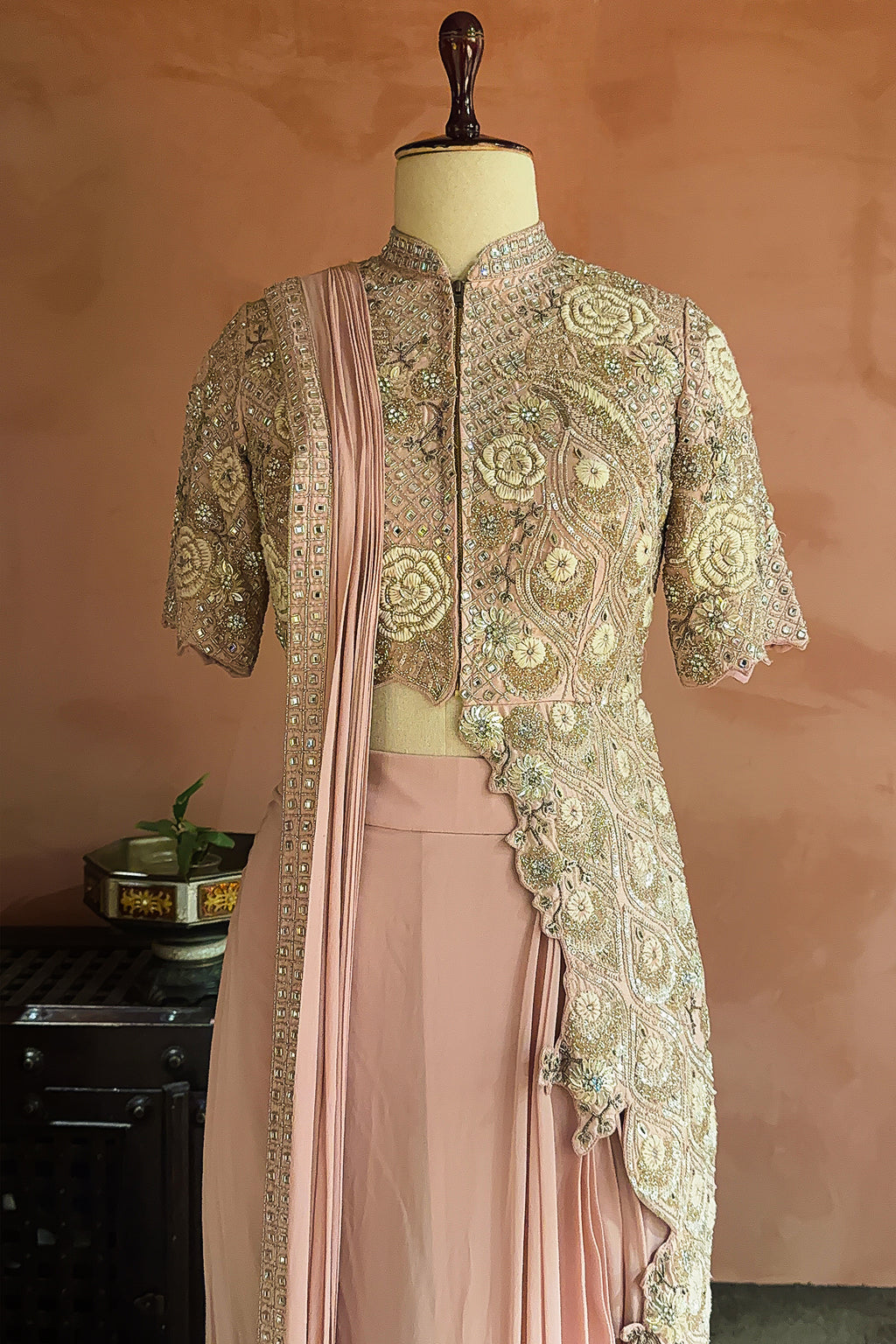 Pink Silk Mirror Cutdana Worked Pre Draped Saree with Asymmetrical Blouse