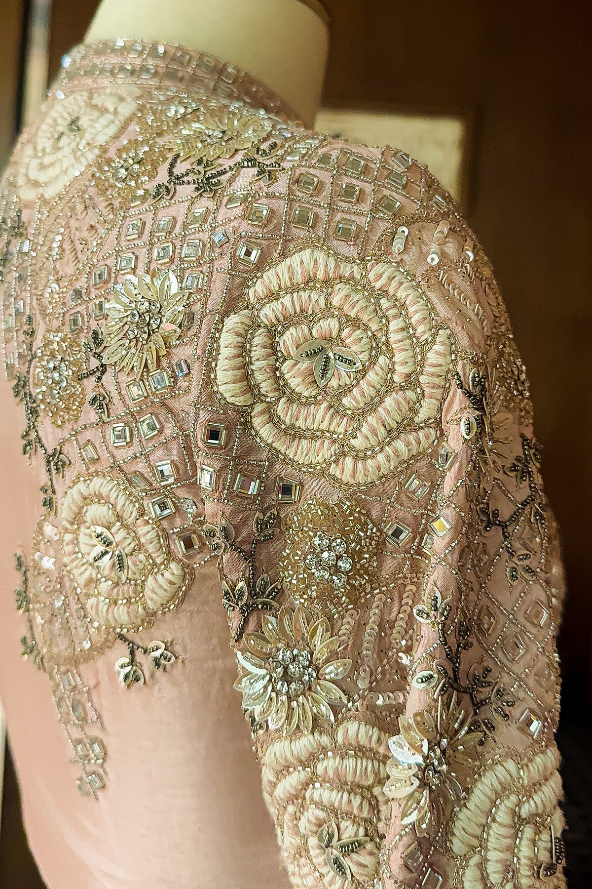Pink Silk Mirror Cutdana Worked Pre Draped Saree with Asymmetrical Blouse