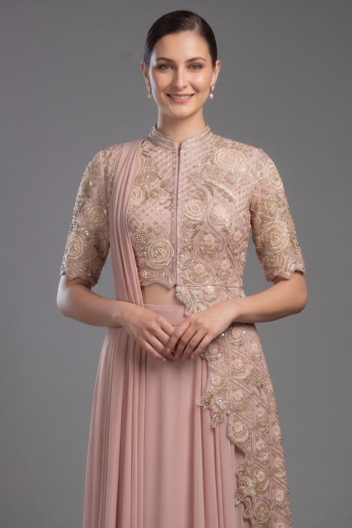 Pink Silk Mirror Cutdana Worked Pre Draped Saree with Asymmetrical Blouse