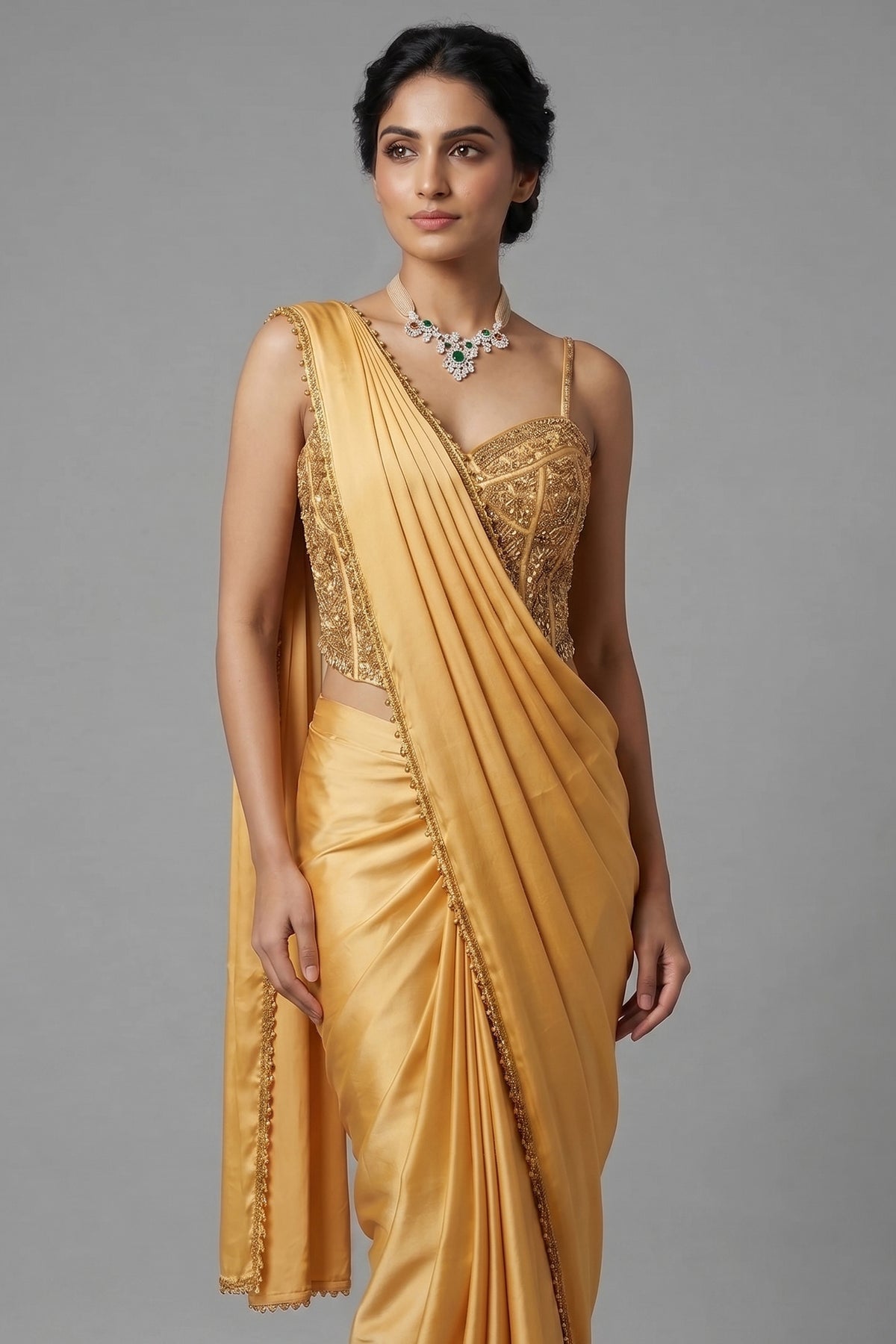 Yellow Crepe Silk Readymade Saree with Corset