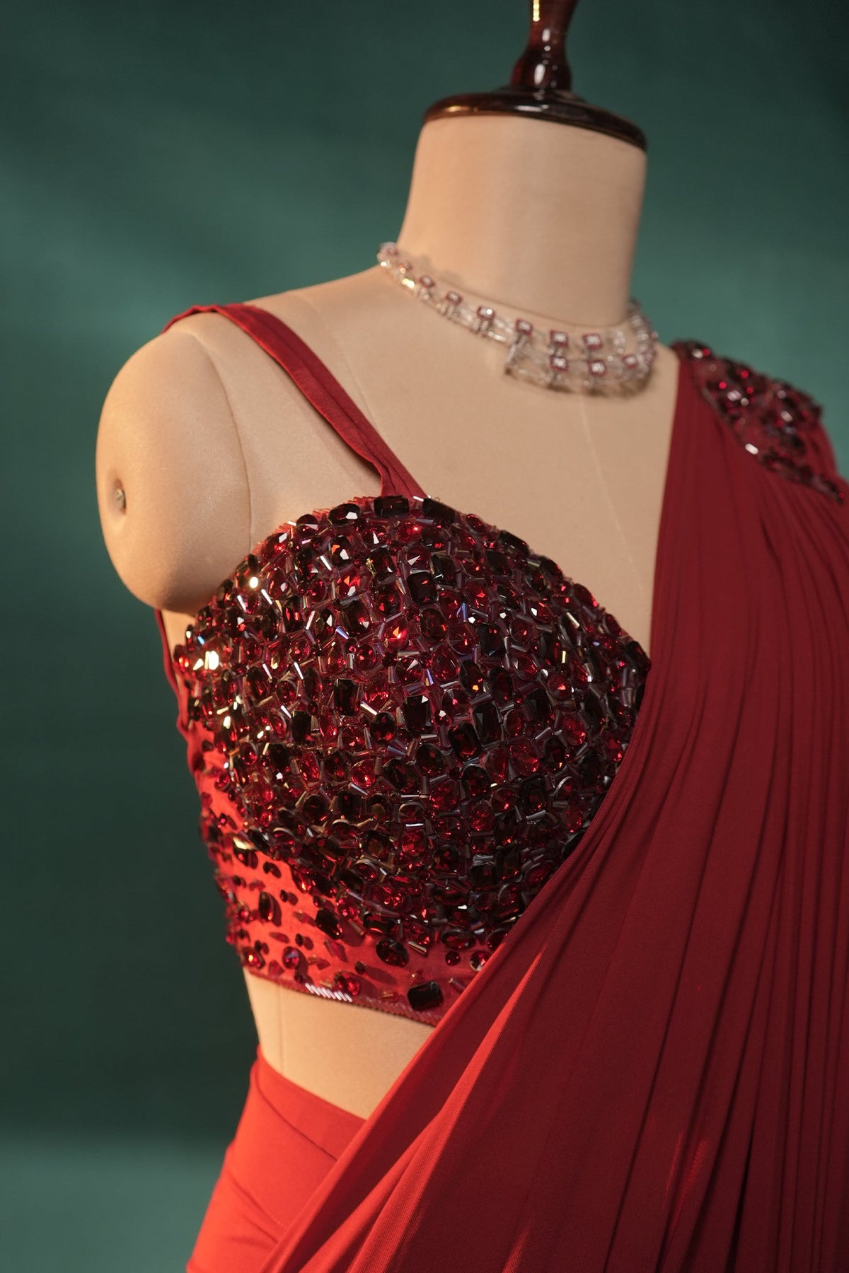 Red Lycra Net Pre Draped Saree with Embellished Blouse