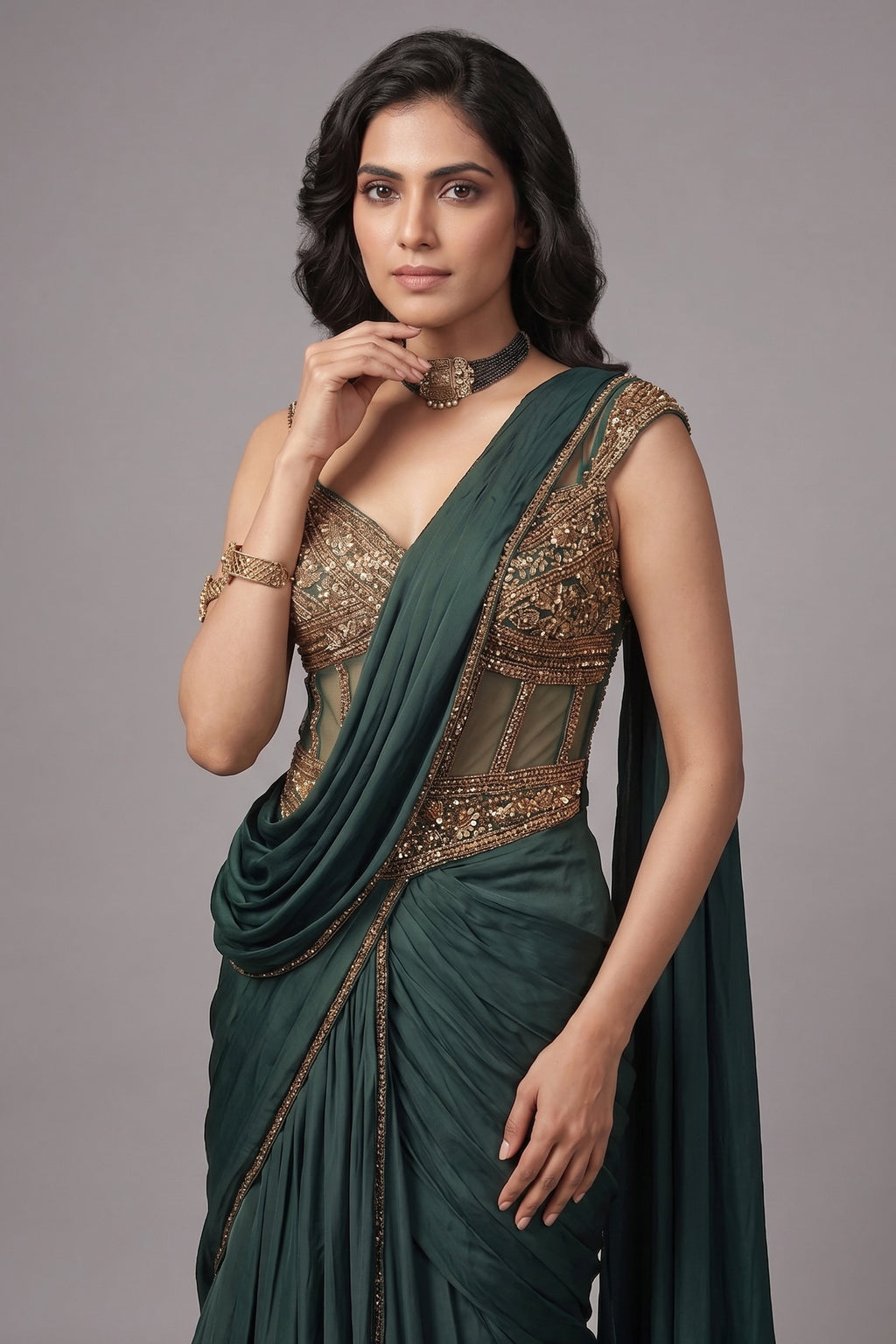 Bottle Green Crepe Satin Silk Pre Draped Lehenga Style Saree with Embellished Corset