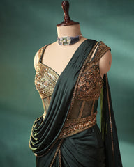 Bottle Green Crepe Satin Silk Pre Draped Lehenga Style Saree with Embellished Corset