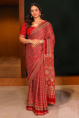 Red Modal Silk Ajrakh Printed Saree with Applique and Readymade Blouse
