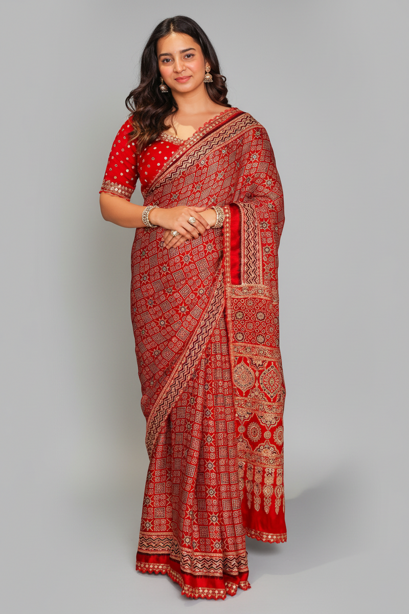 Red Modal Silk Ajrakh Printed Saree with Applique and Ready-made Blouse