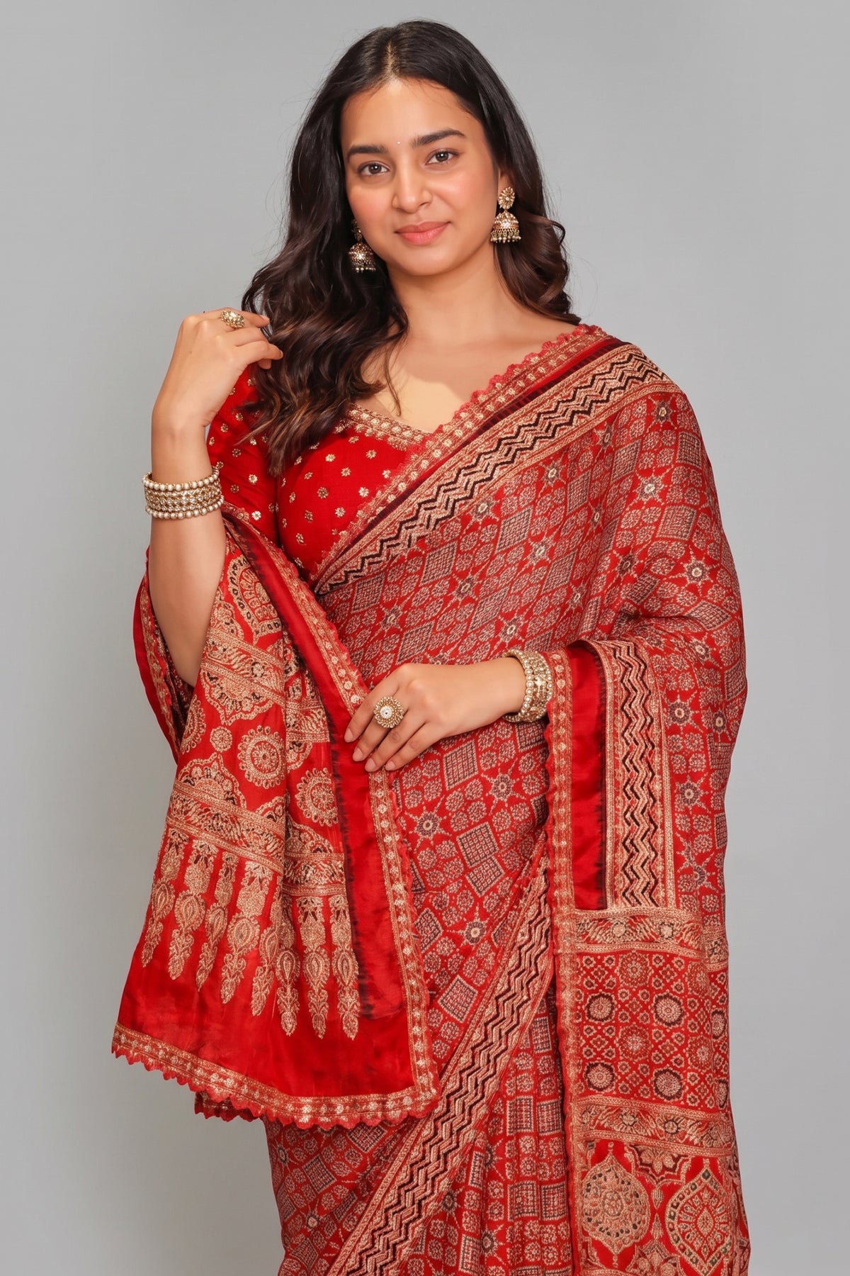 Red Modal Silk Ajrakh Printed Saree with Applique and Readymade Blouse