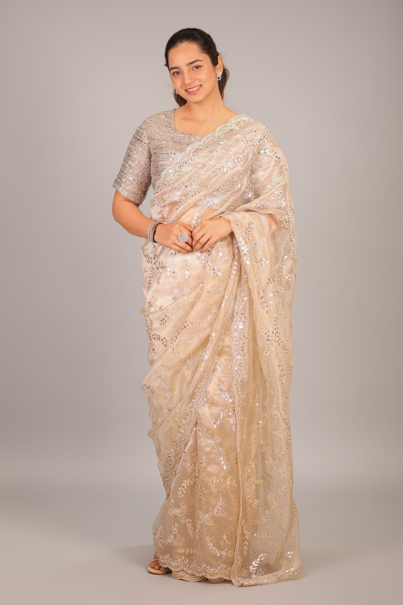 Beige Tissue Organza Gota Patti Worked Saree with Scallop Border
