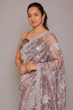Metallic Lavender Sheen Tissue Organza Gota and Mirror worked Saree