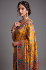Yellow Dola Silk Pashmina Printed Saree with Cutdana Mirror and Pearl Work
