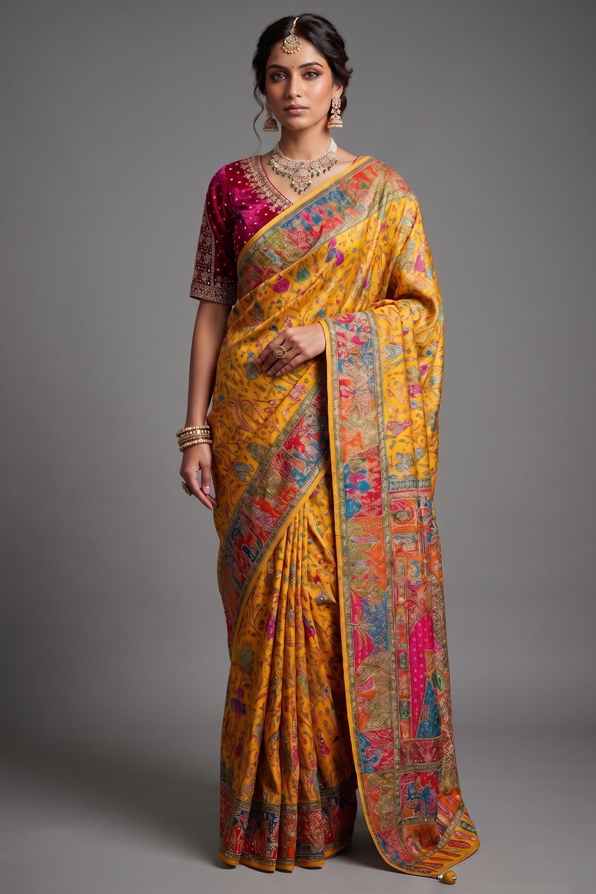 Yellow Dola Silk Pashmina Printed Saree with Cutdana Mirror and Pearl Work