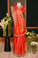 Rust Orange Kanchipuram Tissue Traditional Woven Saree with Zardosi and Cutdana Work