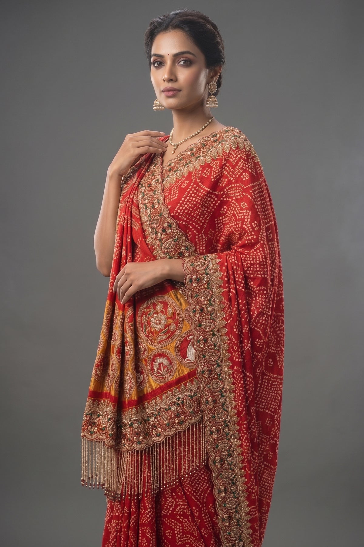 Red Gaji Silk Bandhej Traditional Saree with Handwork and Beaded Frindges Lace