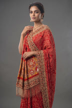 Red Gaji Silk Bandhej Traditional Saree with Handwork and Beaded Frindges Lace