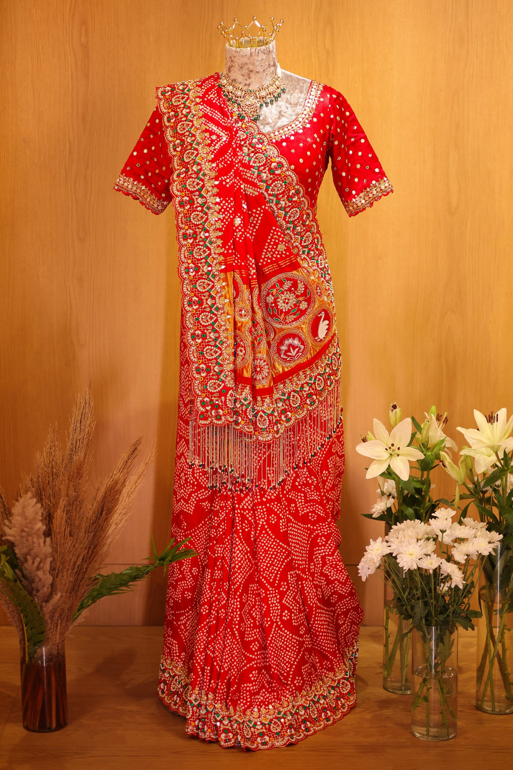 Red Gaji Silk Bandhej Traditional Saree with Handwork and Beaded Frindges Lace