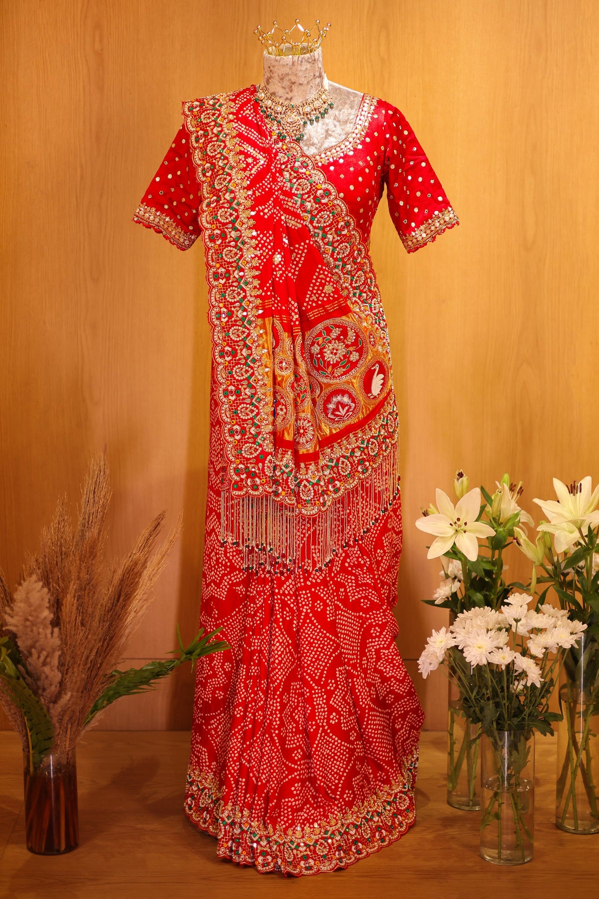 Red Gaji Silk Bandhej Traditional Saree with Handwork and Beaded Frindges Lace