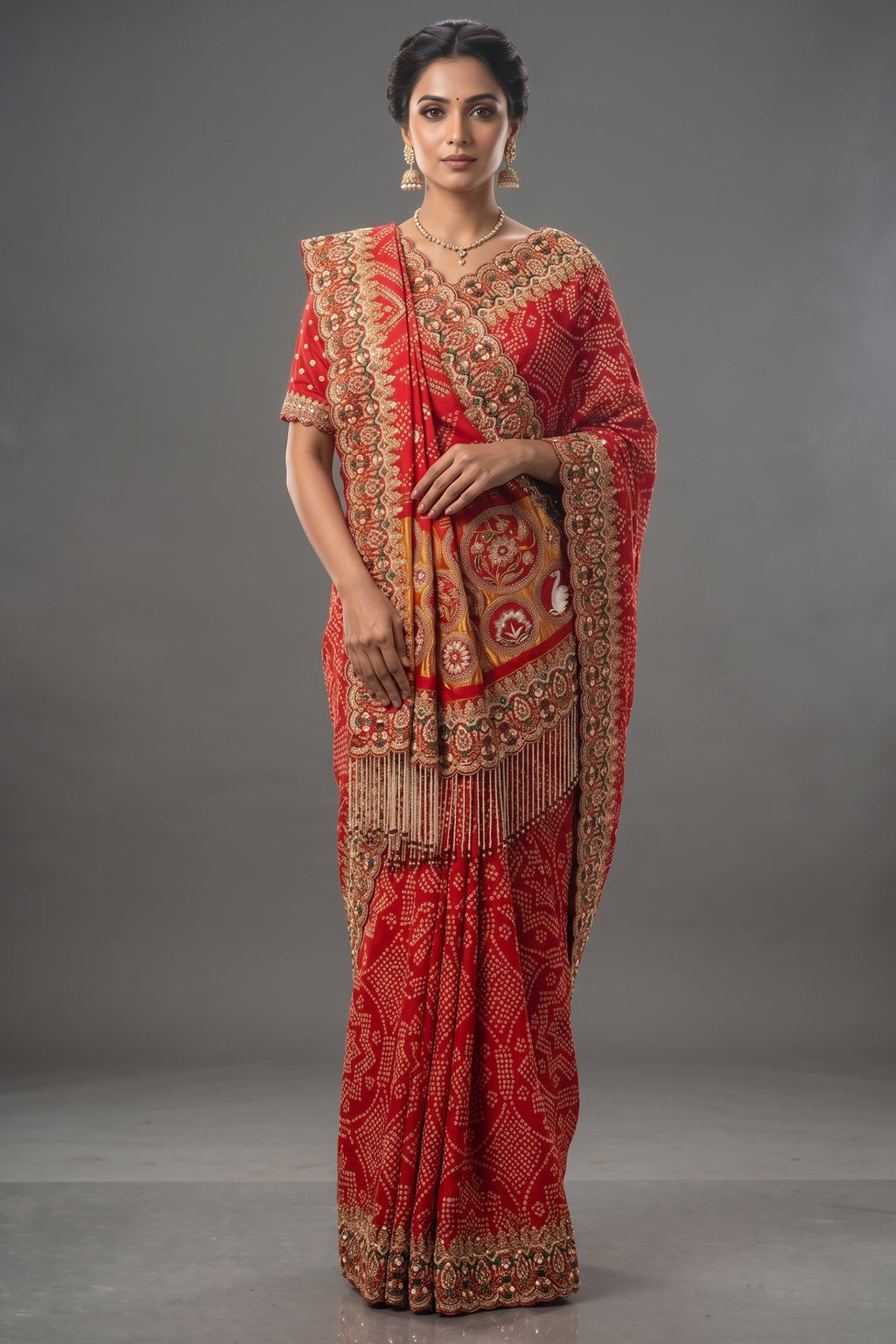 Red Gaji Silk Bandhej Traditional Saree with Handwork and Beaded Frindges Lace