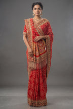 Red Gaji Silk Bandhej Traditional Saree with Handwork and Beaded Frindges Lace