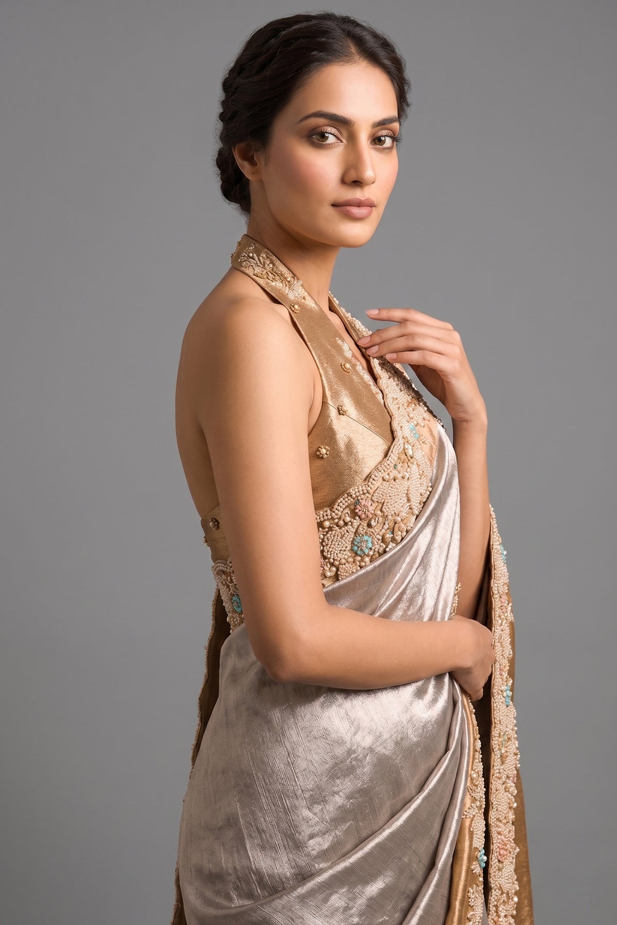 Silver Tissue Saree with Contrast Border and Cutdana Beaded Work