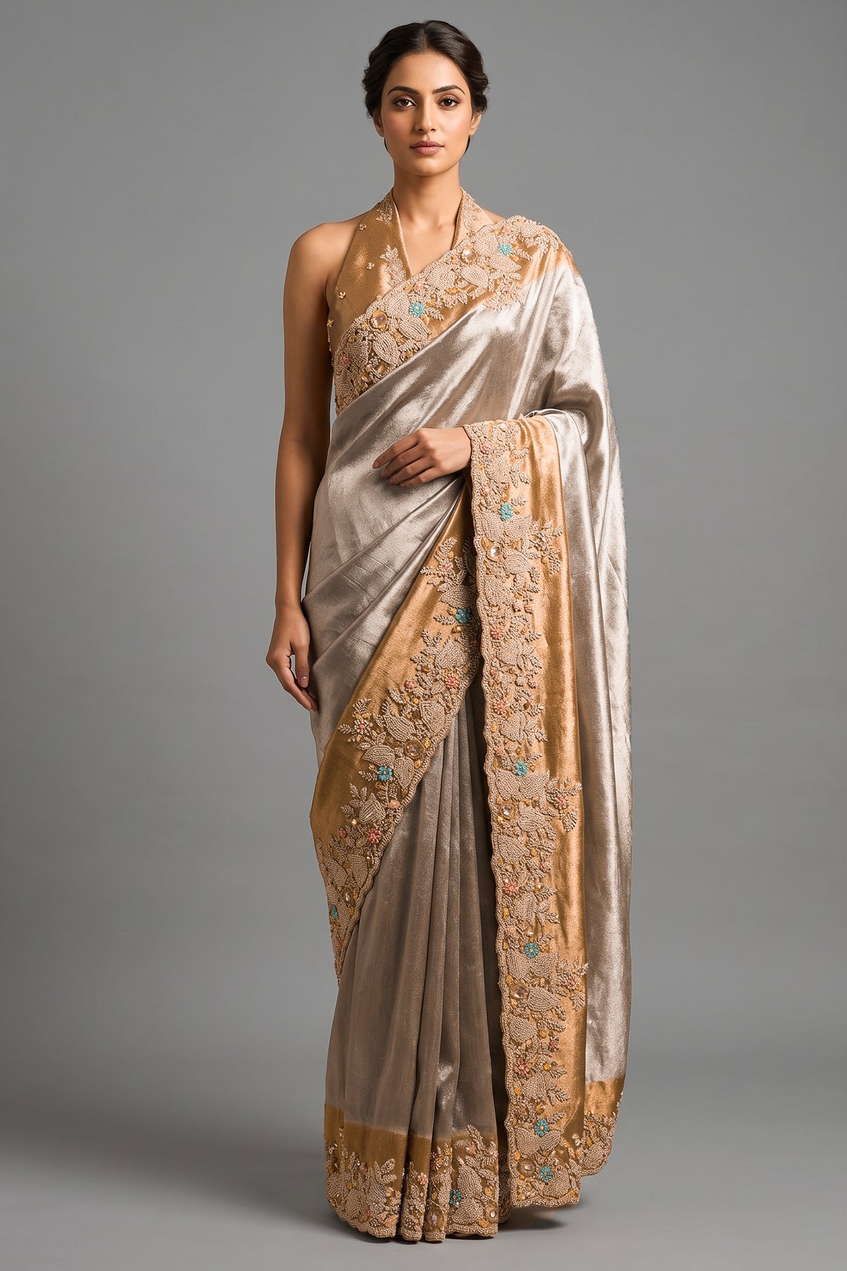 Silver Tissue Saree with Contrast Border and Cutdana Beaded Work