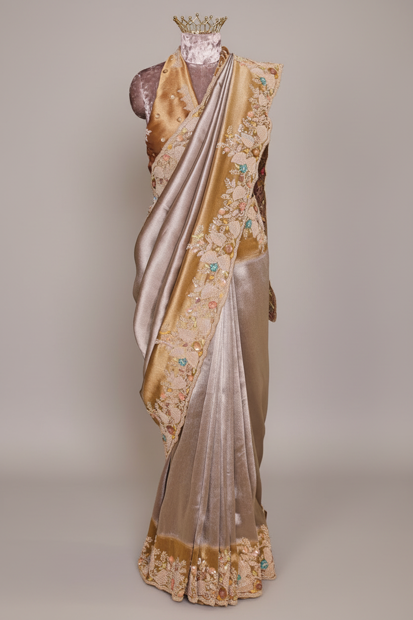 Silver Tissue Saree with Contrast Border and Cutdana Beaded Work