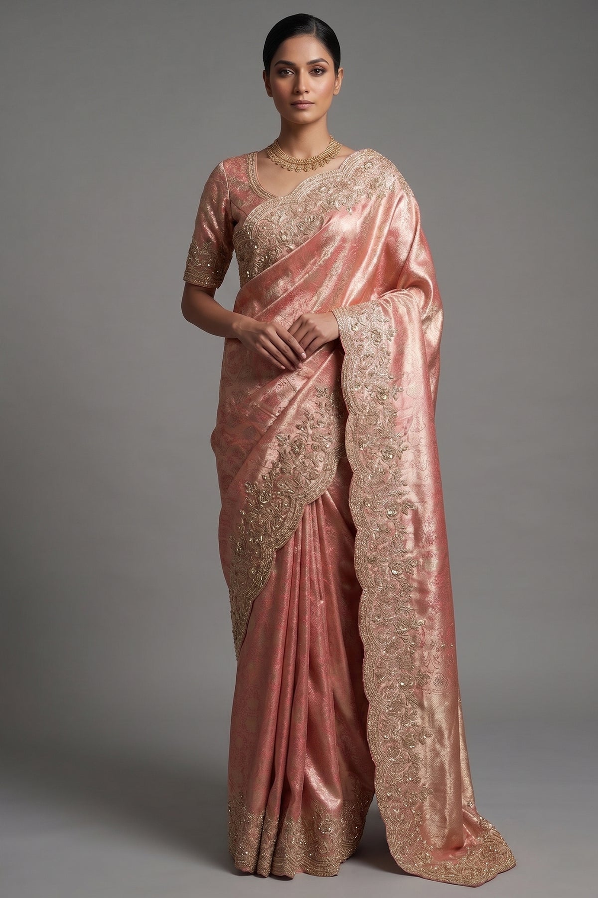 Light Pink Kanchipuram Tissue Traditional Woven Saree with Zardosi Work