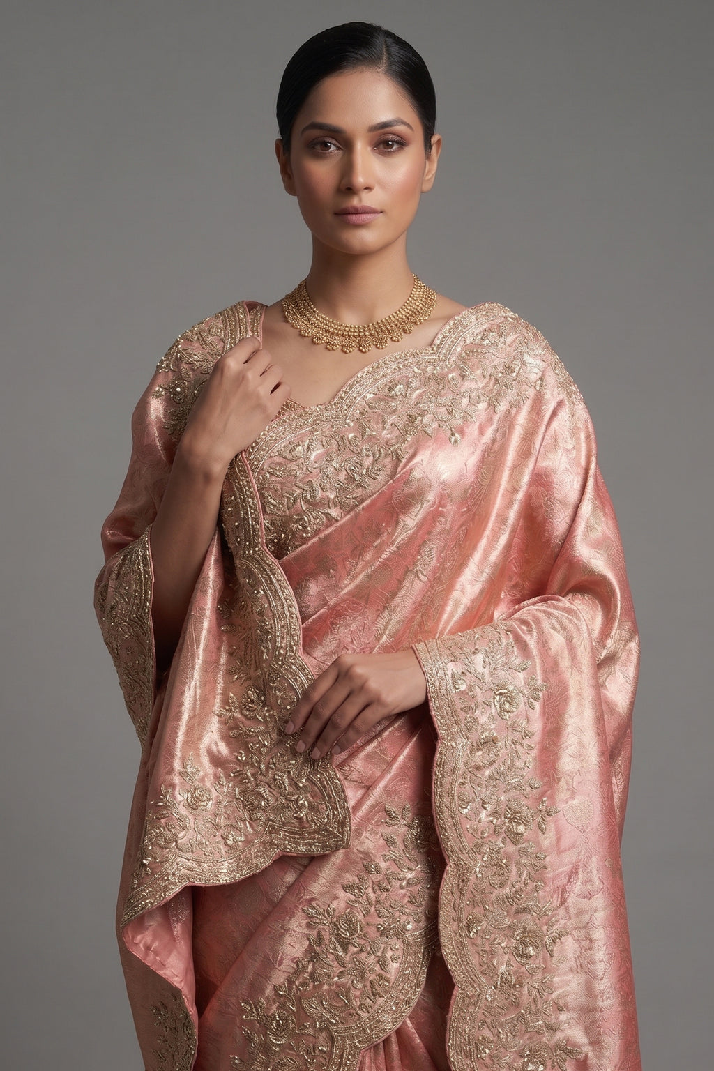 Light Pink Kanchipuram Tissue Traditional Woven Saree with Zardosi Work