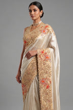 Off White Tissue Saree with Contrast Floral Embroidery and Sequin Beaded Work Border
