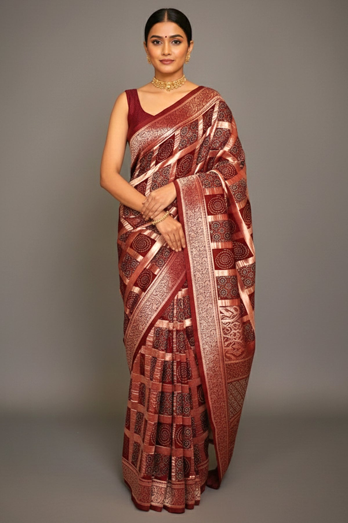 Red Modal Silk Checks Ajrakh Printed Saree