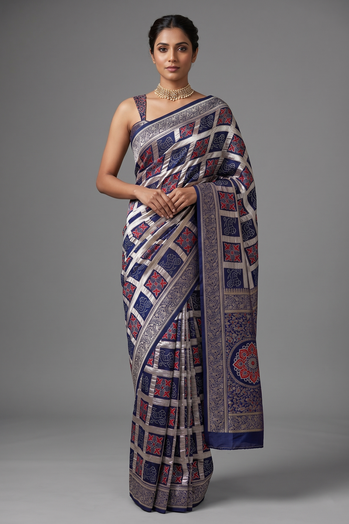Blue Modal Silk Checks Ajrakh Printed Saree