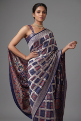 Blue Modal Silk Checks Ajrakh Printed Saree