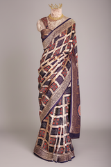 Blue Modal Silk Checks Ajrakh Printed Saree
