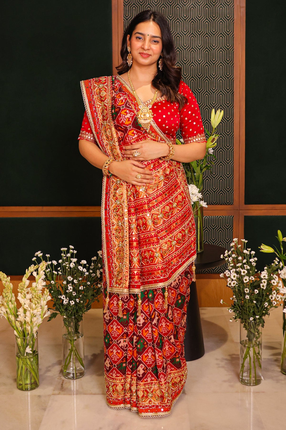 Multi Colored Checks Art Silk Patola Saree with Handwork Pallu and Border