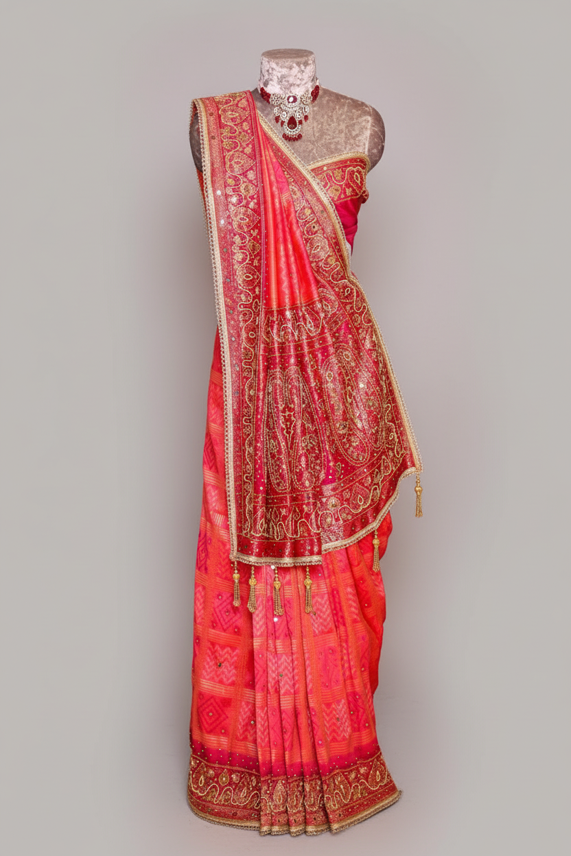 Pink Checks Art Silk Saree with Handworked Border and Pallu