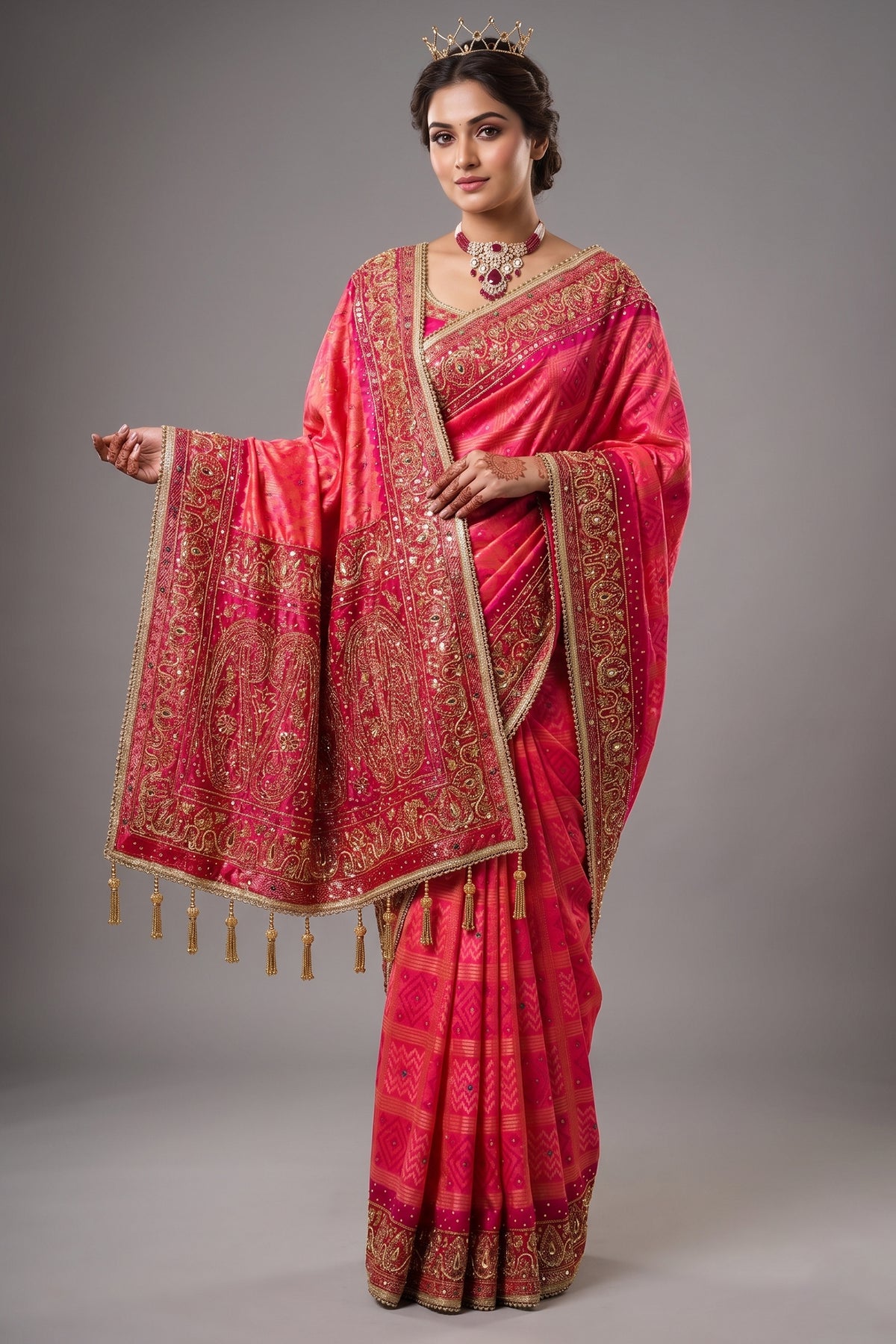 Pink Checks Art Silk Saree with Handworked Border and Pallu