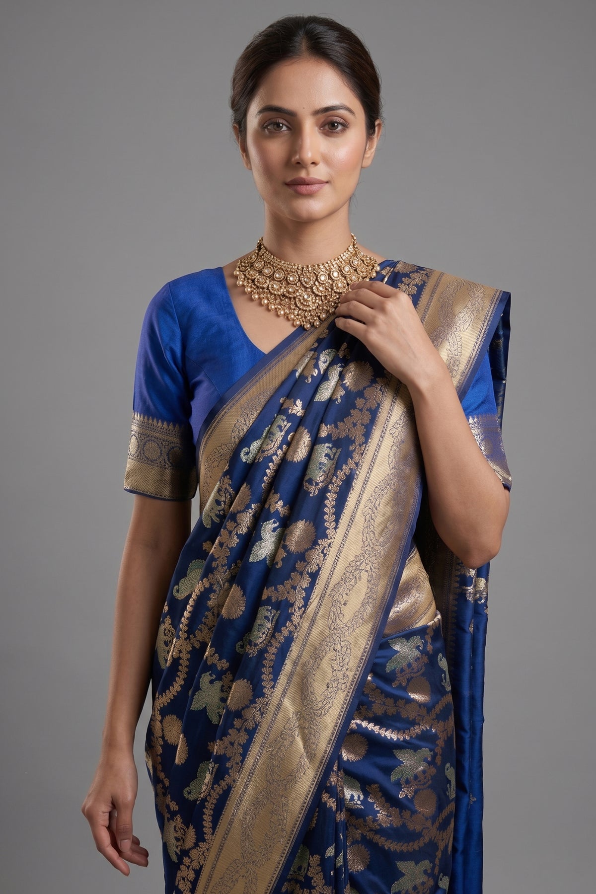 Blue Banarasi Silk Animal Motif All Over Woven Saree