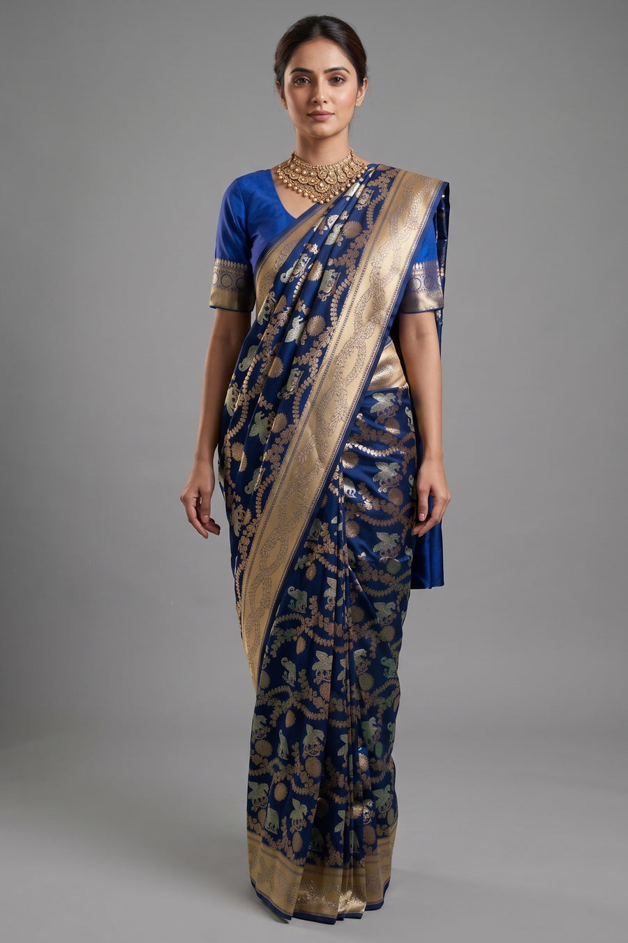 Blue Banarasi Silk Animal Motif All Over Woven Saree