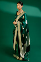 Bottle Green Mango Silk Woven Saree Contrast Border and Pallu