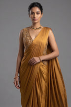 Golden Satin Silk Pre Draped Saree with Cutdana and Pearl Worked Jacket