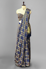 Blue Modal Silk Checks Ajrakh Printed Saree